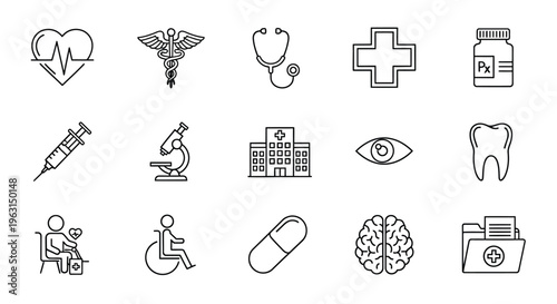 Collection of medical icons representing healthcare and treatment silhouette
