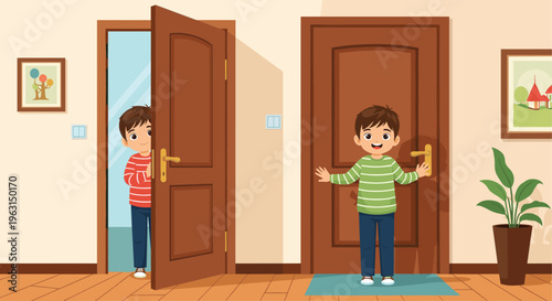 Young boy hiding behind an open door while another boy stands playfully by a closed brown door in a cozy home hallway interior.