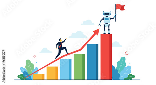 Business professional climbing a bar chart while an artificial intelligence robot reaches the top peak and holds a red flag of victory.