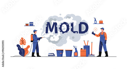 Professional cleanup crew wearing protective gear while using specialized equipment to remove mold from a wall in a residential home.