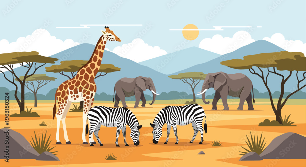 Obraz premium Diverse wildlife animals including a giraffe, elephants, and zebras living together in the beautiful vast african savanna landscape.