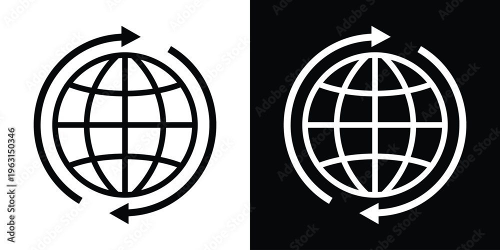 Obraz premium Modern globe icon surrounded by circular arrows, representing global sync, refresh, and continuous updates. Minimal black and white vector style, ideal for cloud services, data exchange, and connectiv