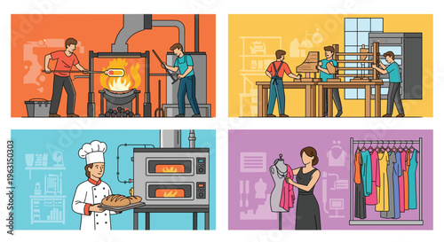 Collection of skilled artisans working in their workshops including glass blowers, woodworkers, bakers, and fashion designers.