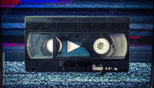 Vintage VHS tape with play button overlay on static screen.