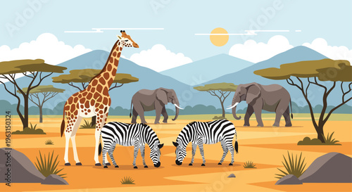 Diverse wildlife animals including a giraffe, elephants, and zebras living together in the beautiful vast african savanna landscape.