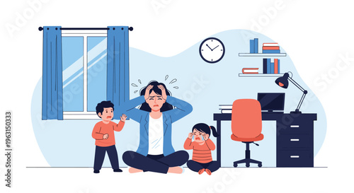 Stressed mother sitting on the floor and holding her head while her two young children cry and scream in the home office room.