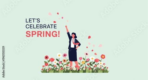 Professional woman standing joyfully in a field of blooming colorful flowers and celebrating the arrival of the spring season.