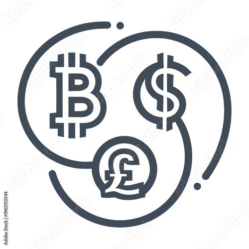 Vector of currency symbols including bitcoin, dollar, and pound sterling encircled in a loop.