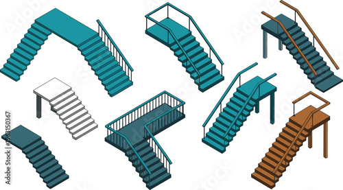 Isometric staircases collection with platforms railings and steps showcasing architectural designs for buildings construction access solutions and structural elements concept