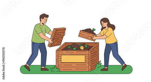 Man and woman working together to fill a wooden bin with organic waste and soil to create healthy natural compost for the garden.