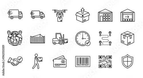 Logistics and delivery icons depicting global shipping and transport silhouette