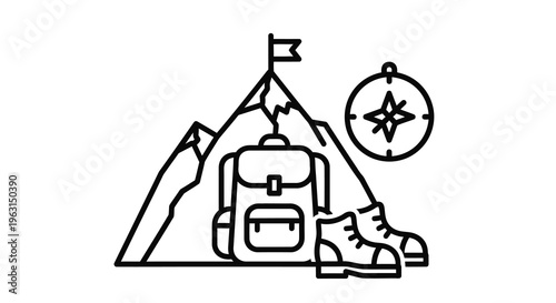 Hiking adventure with mountain backpack and compass silhouette