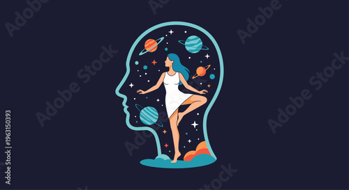 Woman dancing inside a human head silhouette filled with a beautiful starry night sky, colorful planets, and bright stars.