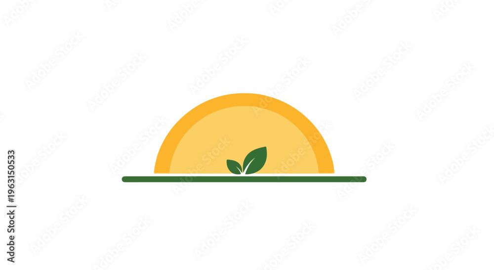 Fototapeta premium Minimalist illustration of a yellow sun with a green leaf on a simple landscape.