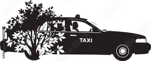 Black silhouette of taxi cab with tree growing through it