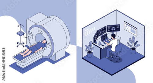 Patient undergoes an MRI scan while a medical technician monitors the diagnostic imaging process from a separate control room.