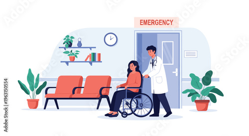 Doctor pushes a young woman in a wheelchair through the hallway of an emergency department in a modern hospital setting.
