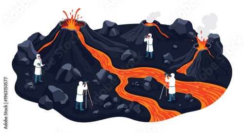 Scientists in protective suits study an active volcano with flowing lava and smoke using specialized observation equipment on site.