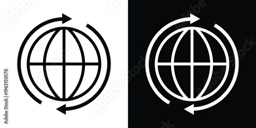 Modern globe icon surrounded by circular arrows, representing global sync, refresh, and continuous updates. Minimal black and white vector style, ideal for cloud services, data exchange, and connectiv