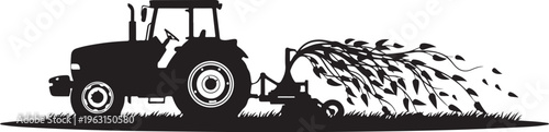 Black silhouette of tractor cutting grass