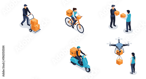 Various logistics and delivery methods including courier on a scooter, bicycle, drone, and hand truck transport packages to customers.
