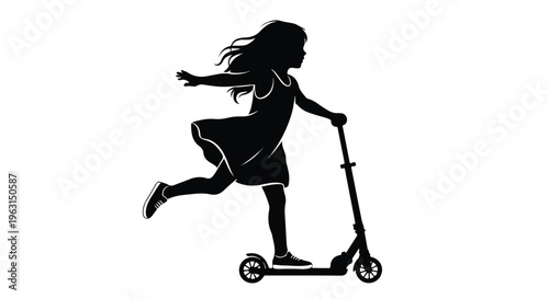 Black silhouette of a young girl riding a scooter with her arm outstretched on a white background.