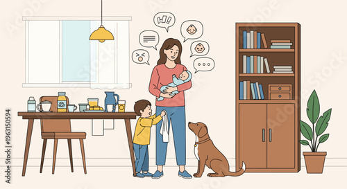 Overwhelmed mother manages her household by holding a baby while her young son and dog seek her attention in the kitchen.