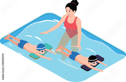 Isometric swimming instructor teaching children with kickboards in pool beginner lesson water training activity illustration scene