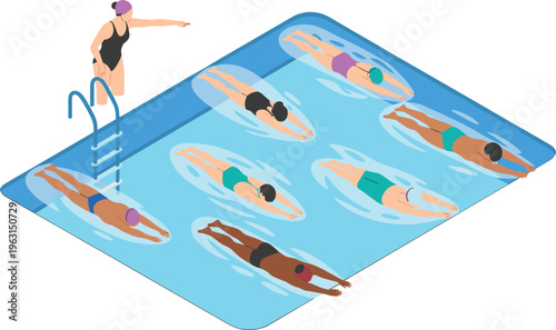Isometric swimming training with instructor guiding swimmers practicing strokes in pool fitness lesson water sport exercise scene illustration