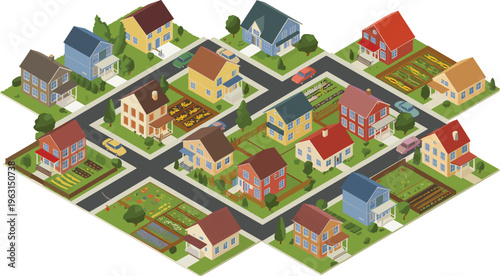 Isometric suburban neighborhood with houses streets gardens residential area urban planning homes community landscape modern village illustration design