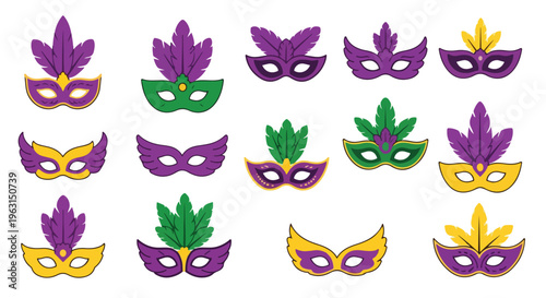 Collection of colorful Mardi Gras masks in purple, green, and gold on a white background, flat lay.