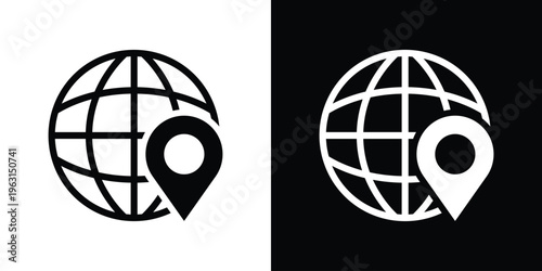 Minimalist globe icon combined with a location pin, representing global navigation, GPS tracking, and worldwide connectivity. Clean vector design in black and white, ideal for maps, travel, and web in