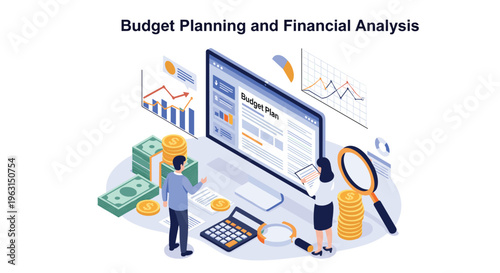 Professionals perform budget planning and financial analysis using large computer screens with charts and stacks of cash coins.