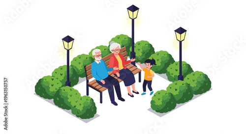 Happy grandparents sit on a park bench and talk with their young granddaughter surrounded by green bushes and lamps.