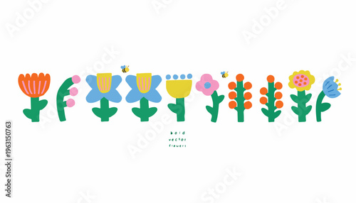 Naive vector flowers in a playful hand-drawn style, set of 10 colorful floral elements and bees, whimsical spring garden botanical collection