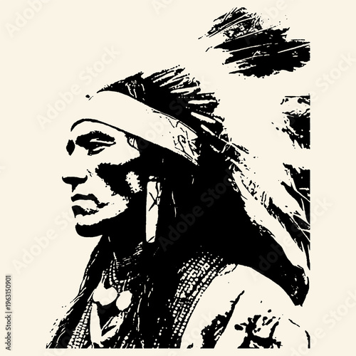 Indigenous Person with Feathered Headdress Black Ink Portrait