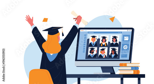 Graduate celebrates her success in front of a computer screen showing her classmates during a virtual graduation ceremony.