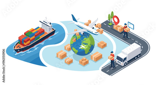 Comprehensive logistics network shows transport by ship, plane, and truck moving goods around the globe to various locations.
