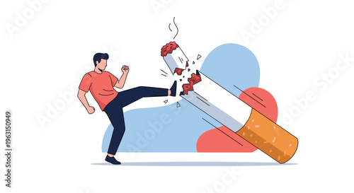 Determined man kicks a giant cigarette to break it in half as a symbol of quitting smoking for a healthier lifestyle.