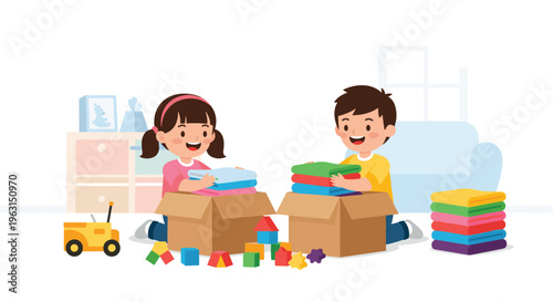 Happy children pack their old clothes and toys into boxes for donation while playing in a brightly colored playroom.