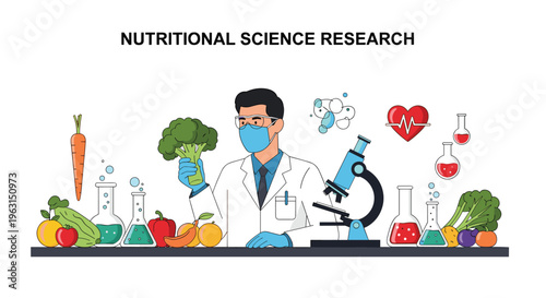 Scientist in a laboratory conducts nutritional science research on fruits and vegetables using high-tech equipment.