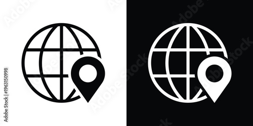 Minimalist globe icon combined with a location pin, representing global navigation, GPS tracking, and worldwide connectivity. Clean vector design in black and white, ideal for maps, travel, and web in