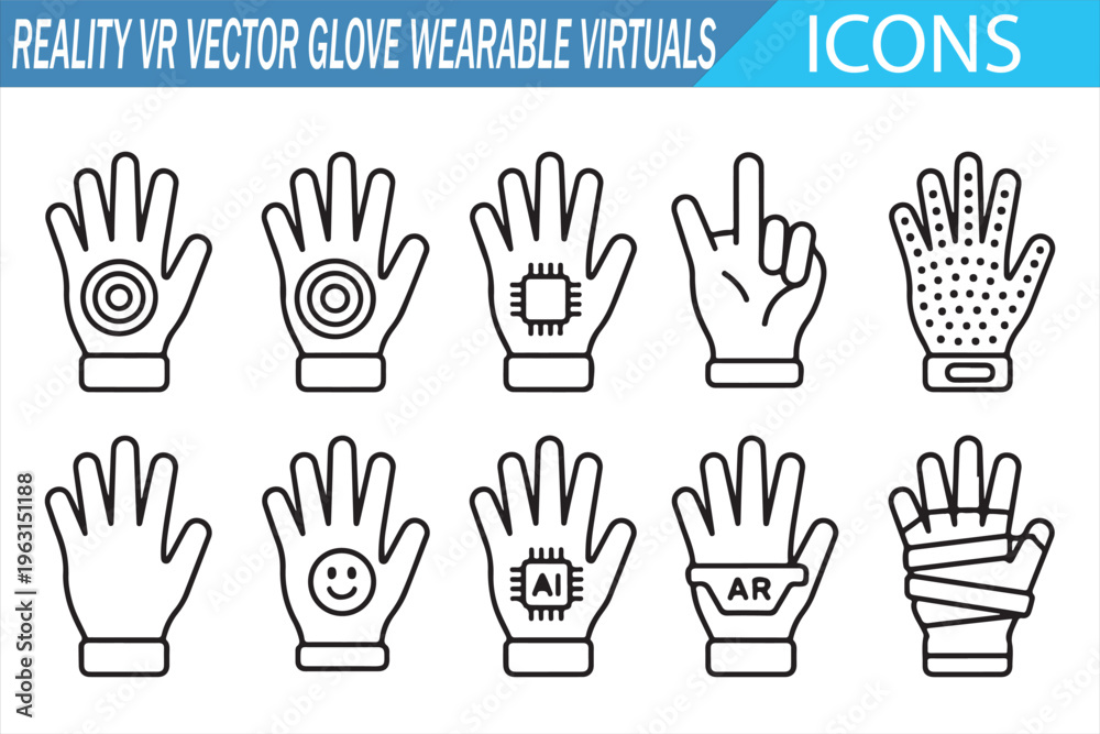 Fototapeta premium Hand drawn VR gloves icons set with wearable technology and gesture control