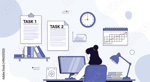 Professional woman manages her work tasks and schedule at a clean desk using a computer and visual planners.