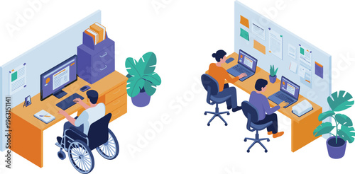 Modern inclusive office workspace with diverse team collaboration, wheelchair user professional, remote work setup, productivity, digital technology, creative workplace illustration