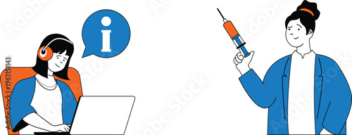 Person receiving vaccine information through online consultation with healthcare professional holding syringe