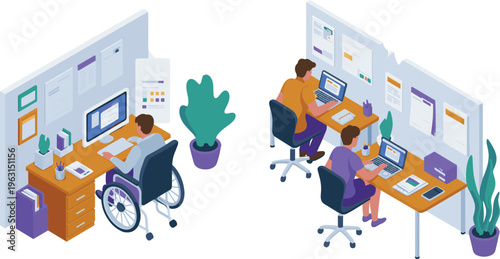 Modern office workspace with diverse employees, including wheelchair user, working on computers, inclusive workplace, teamwork and productivity illustration concept