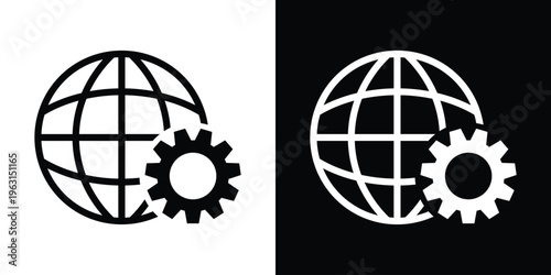 Black globe with latitude and longitude lines beside a gear icon on white background, symbolizing global settings, international configuration, and worldwide technology concepts.