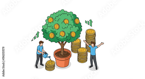 Enthusiastic business partners water a large money tree growing in a pot surrounded by stacks of gold coins for profit.