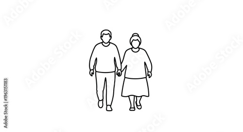 Elderly couple holding hands depicted in a simple line art silhouette